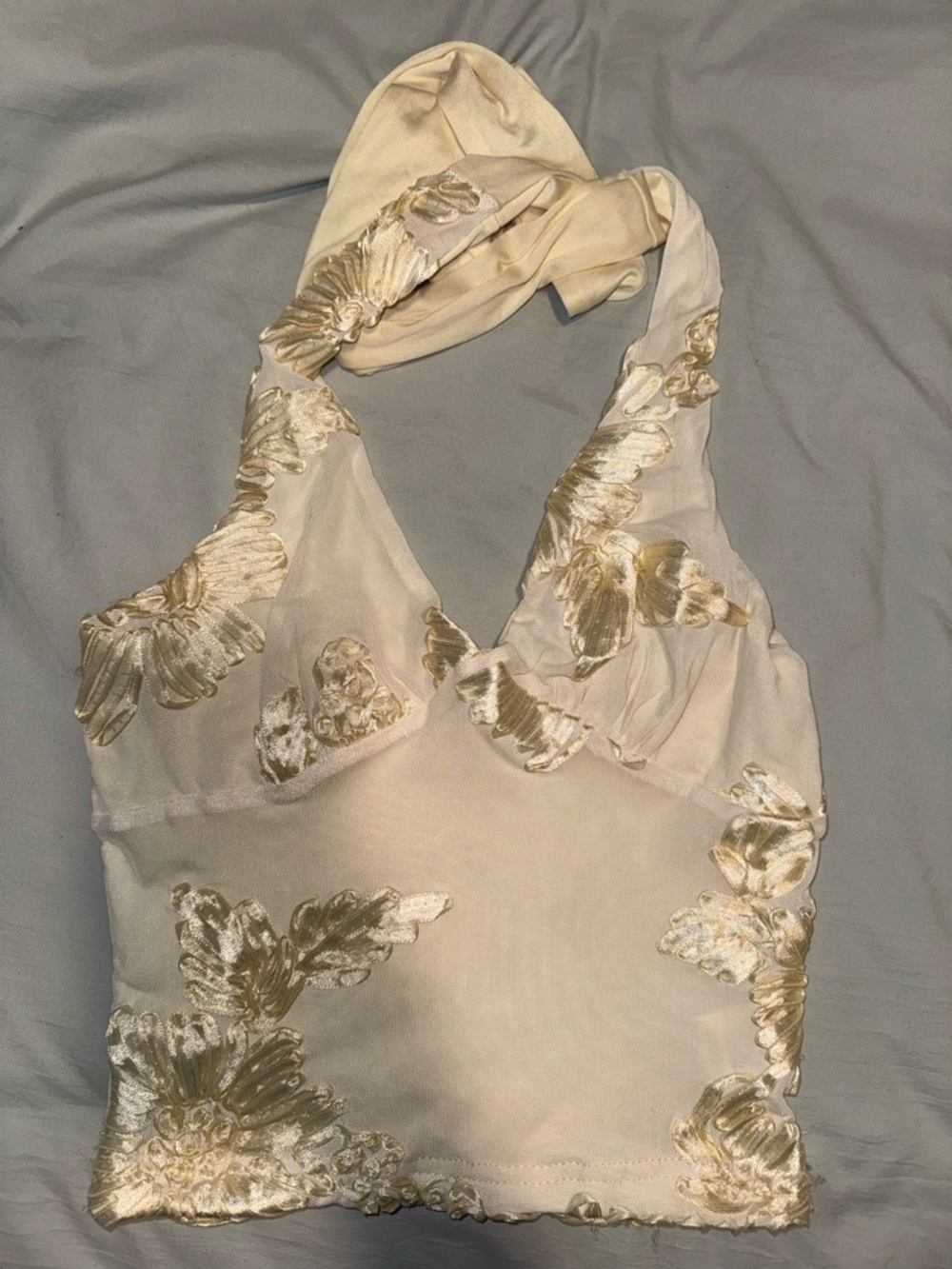 Cream Halter Crop Top with Gold Floral Embroidery